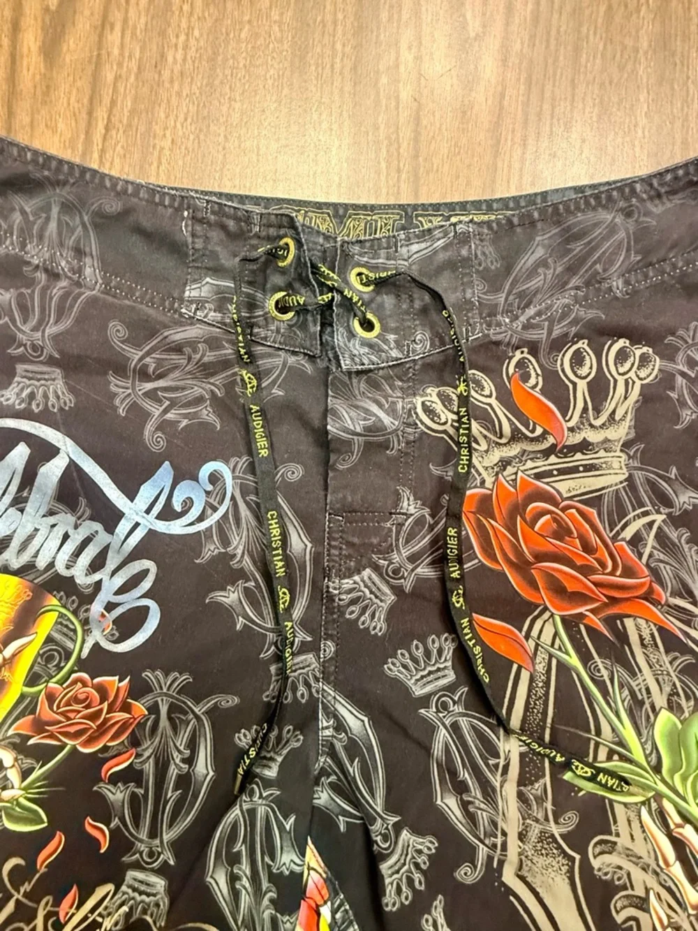Christian Audigier Ed Hardy Board Shorts with Multicolor Graphics Y2K